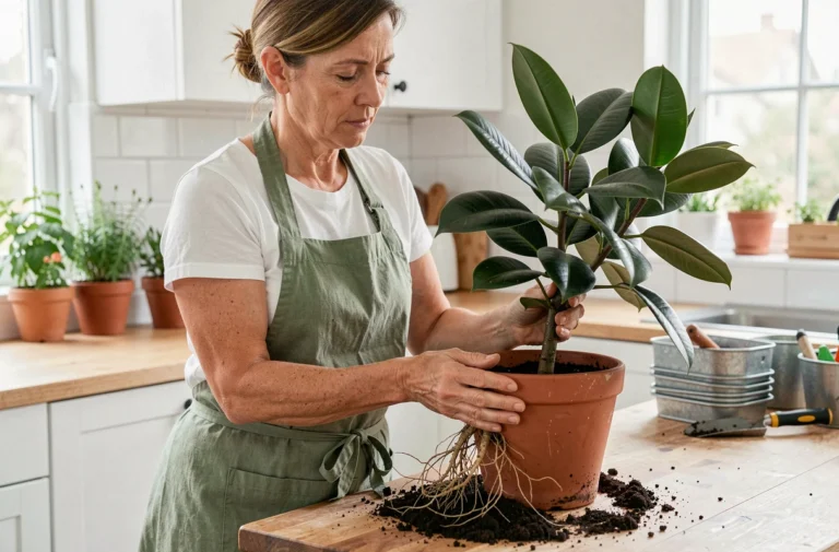 Femme rempotant un ficus benjamina en retirant la plante de son ancien pot en terre cuite sur un établi en bois
