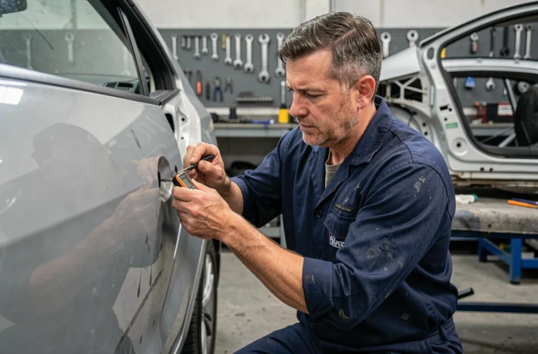 Technicien automobile inspectant un mécanisme de fermeture centralisée avec un multimètre dans un garage professionnel