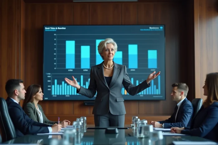 Femme dirigeante en costume gris présentant des données financières lors d'un conseil d'administration dans une salle de réunion moderne