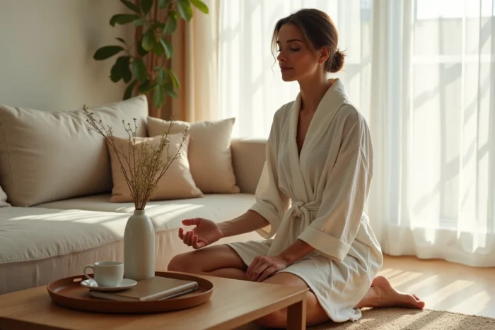 Femme accomplissant un rituel quotidien matinal dans un salon calme et minimaliste avec tasse céramique et carnet