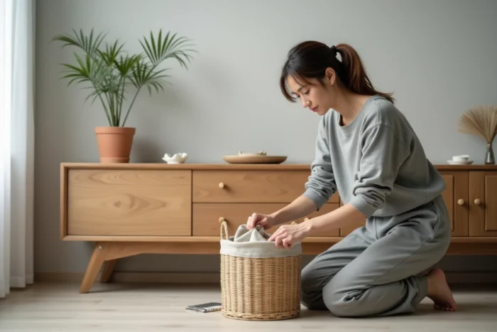 Femme pratiquant le désencombrement d'une micro-zone dans un intérieur Japandi minimaliste et ordonné