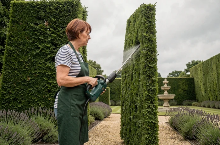 Femme sculptant une haie d'if en forme géométrique avec une taille-haie électrique dans un jardin formel