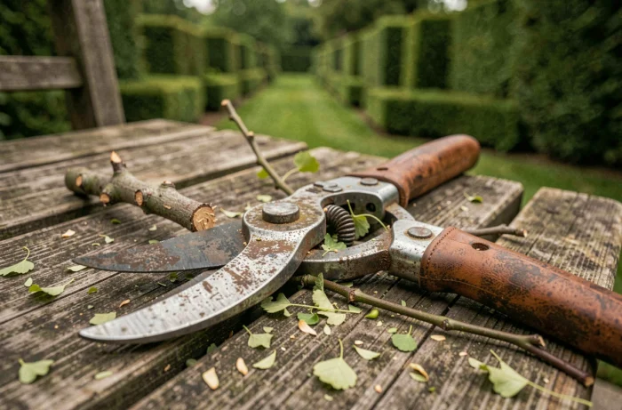 Sécateur de jardinage posé sur une haie de charme fraîchement taillée avec des rognures de feuilles éparpillées