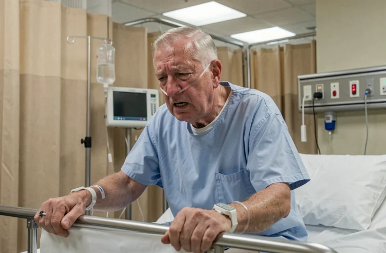 Patient âgé en position orthostatique dans un lit d'urgence présentant des signes de détresse respiratoire liés à un œdème aigu pulmonaire cardiogénique