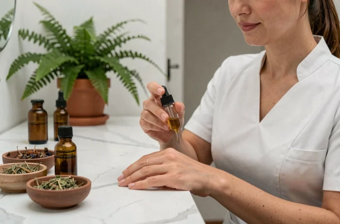 Esthéticienne appliquant un sérum naturel sur les mains d'une cliente dans un salon de beauté moderne