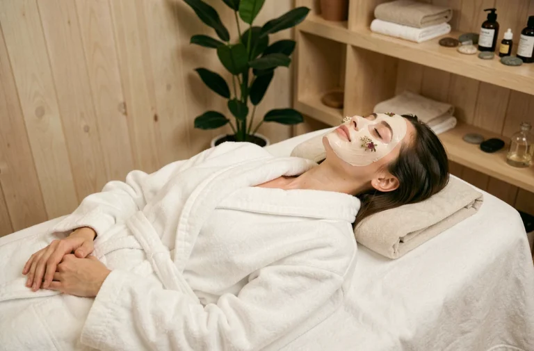 Femme bénéficiant d'un soin du visage naturel dans un institut de beauté au décor épuré et végétal