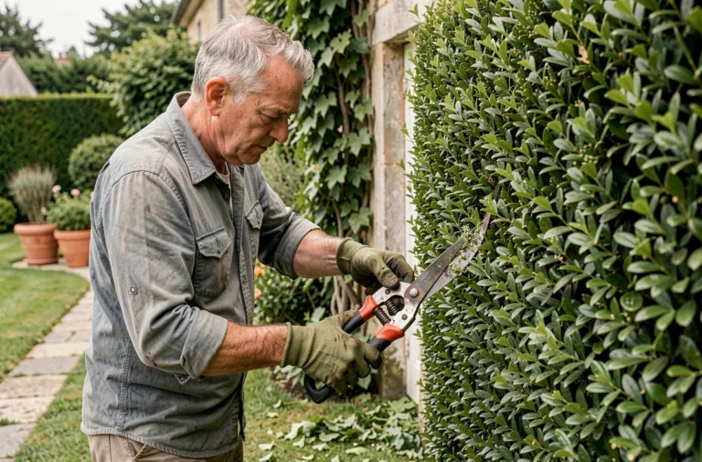 Jardinier taillant une haie de buis avec des cisailles manuelles dans un jardin français bien entretenu