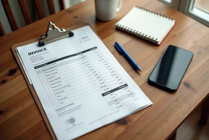 Devis de nettoyage d'appartement posé sur une table en bois avec notes manuscrites et smartphone