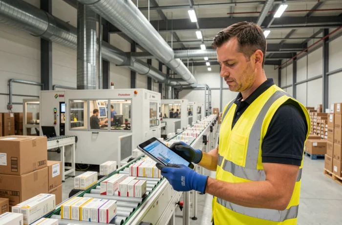 Technicien d'entrepôt utilisant une tablette numérique pour superviser un système de convoyeur automatisé dans un centre de distribution pharmaceutique