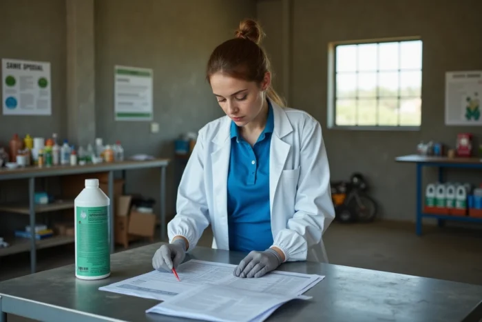 Technicienne agricole examinant la réglementation sur le glyphosate dans une coopérative agricole française en 2024