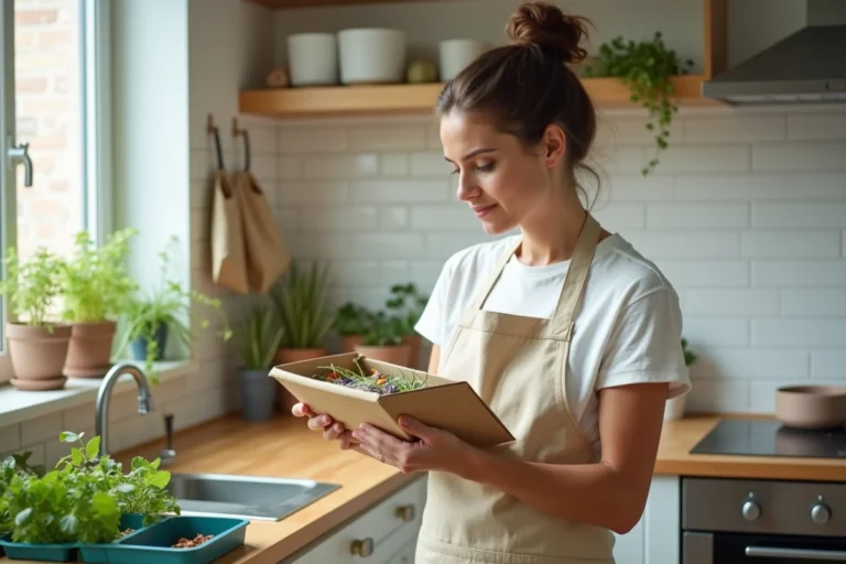 Femme qui trie ses déchets recyclables dans une cuisine moderne, geste éco-responsable au quotidien
