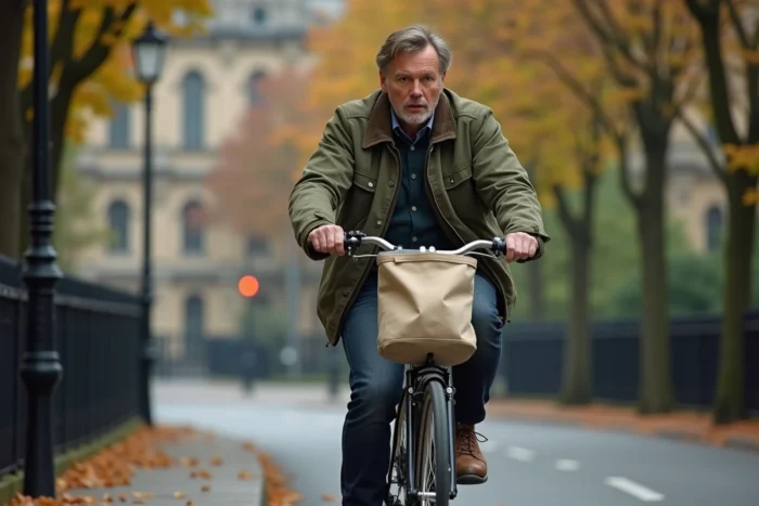 Homme à vélo en ville avec un sac réutilisable, mobilité douce pour réduire son empreinte carbone
