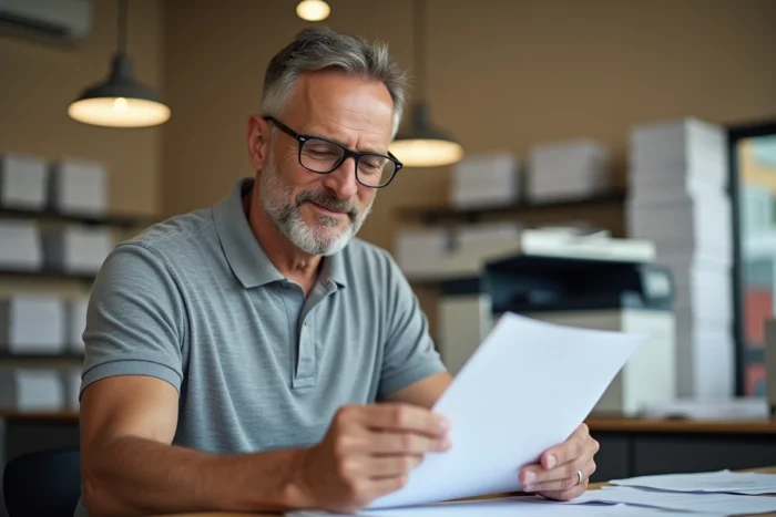 Homme examinant un document imprimé au service impression d'un hypermarché