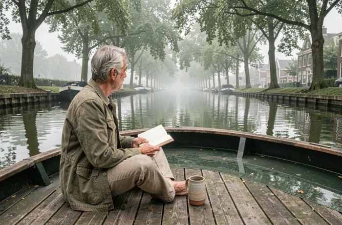 Homme assis sur une péniche fluviale avec un journal et une tasse, voyageant lentement le long d'un canal en Hollande entouré d'arbres