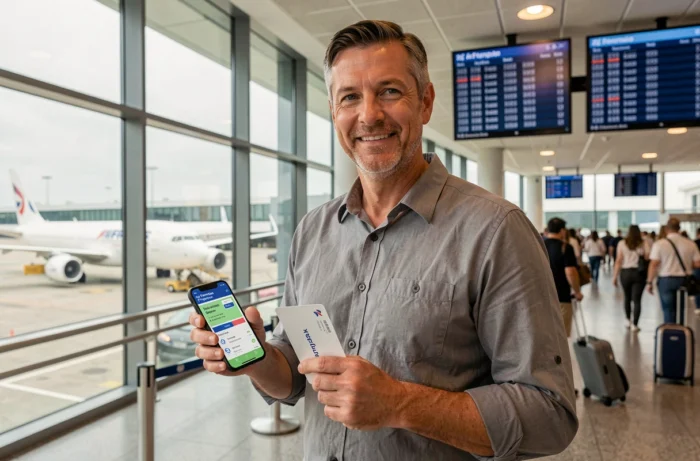Voyageur à l'aéroport tenant une carte d'embarquement obtenue grâce à ses miles Air France Flying Blue