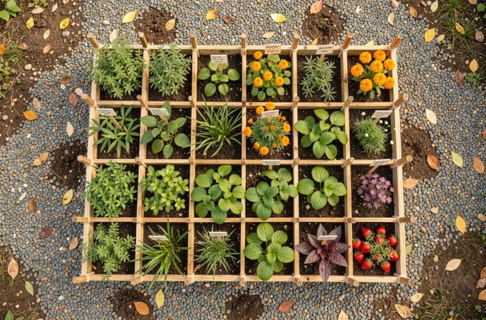 Vue aérienne d'un carré potager surélevé divisé en sections avec des légumes, herbes aromatiques et fleurs en pleine croissance