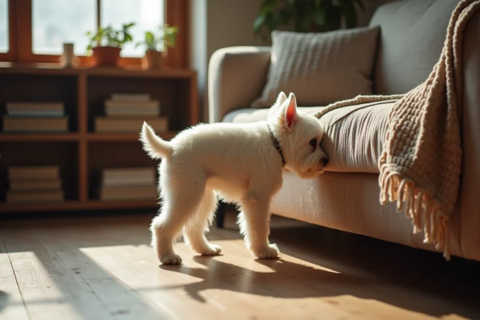 Westie en train d'explorer un salon chaleureux aux tons naturels, West Highland White Terrier dans un intérieur domestique cosy et authentique