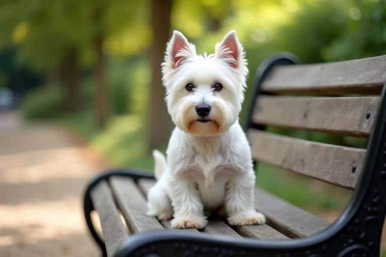 West Highland White Terrier assis sur un banc en bois dans un jardin public, portrait expressif d'un Westie bien toiletté aux yeux vifs